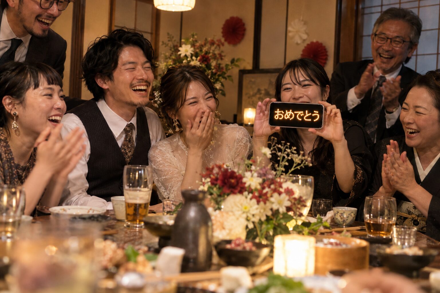 温かな祝いの席でおめでとうのLEDメッセージを掲げる人々