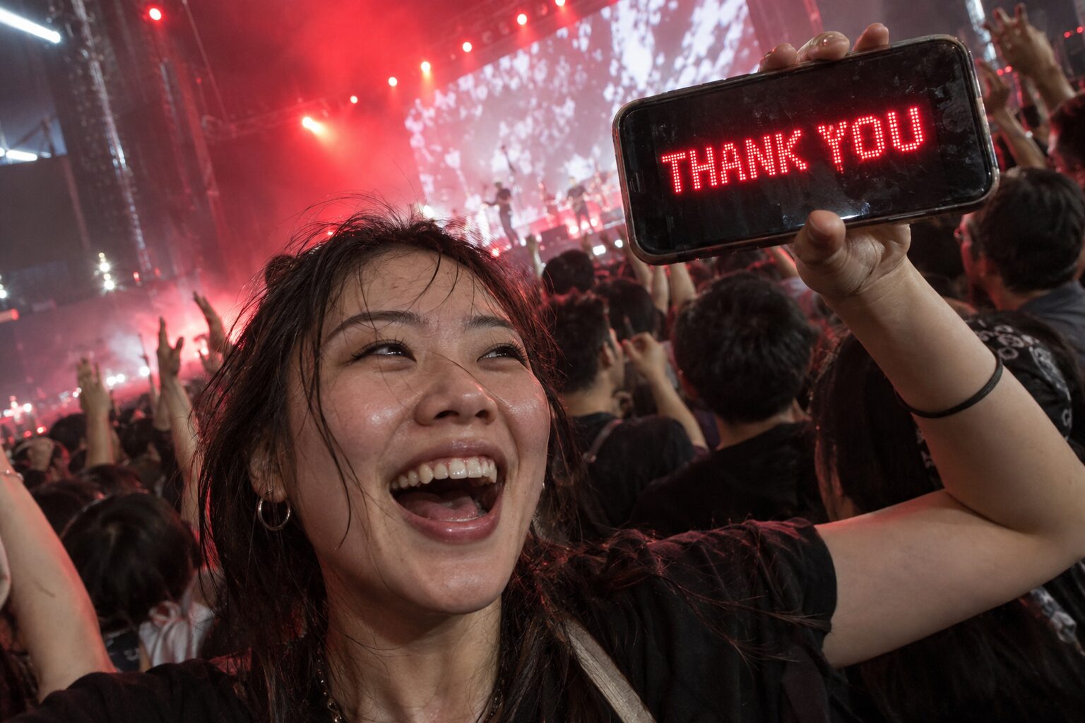 ライブ会場で笑いながら赤いLEDメッセージを掲げる女性